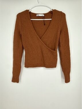 Zara Brown Textured Knit Wrap Sweater Medium